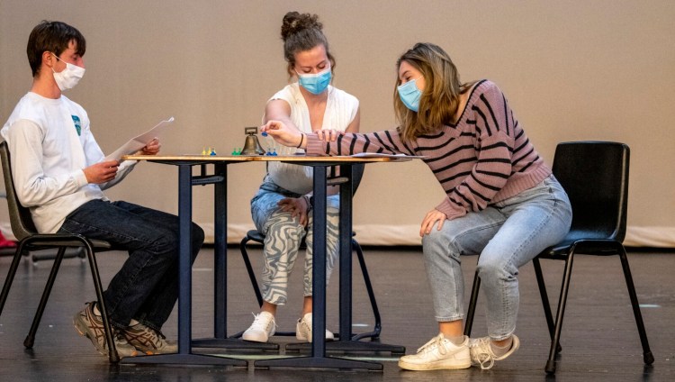 AUGUSTA, ME - FEBRUARY 10: Samuel Goldy, left, Brianna Harriman and Grace Kirk run through a comedy skit during
Chizzle Wizzle rehearsal Thursday February 10, 2022 in auditorium at Cony Middle and High School in Augusta. (Staff photo by Joe Phelan/Staff Photographer)